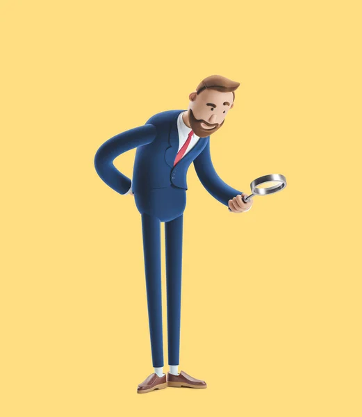Businessman Billy looking through magnifying glass. 3d illustration on yellow background