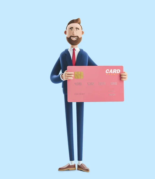 Biznesmen Billy z kolorową kartą kredytową. ilustracja 3D na niebieskim tle — Zdjęcie stockowe