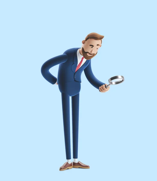 Üzletember Billy keres keresztül nagyító. 3D illusztráció kék háttérrel — Stock Fotó