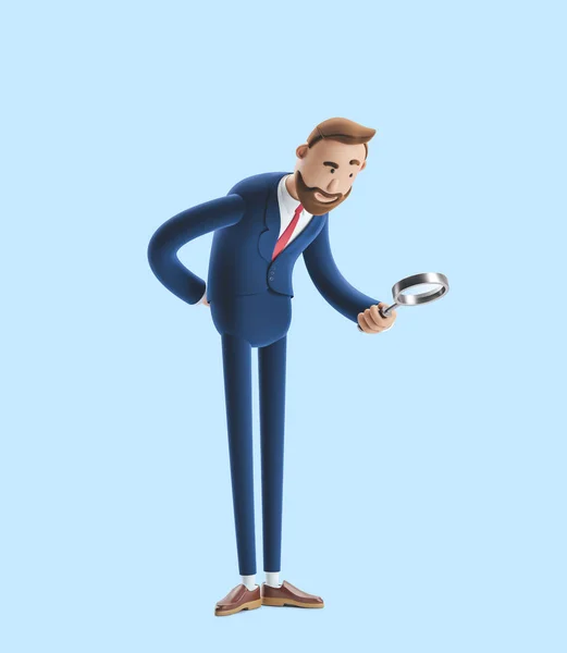 Businessman Billy looking through magnifying glass. 3d illustration on blue background