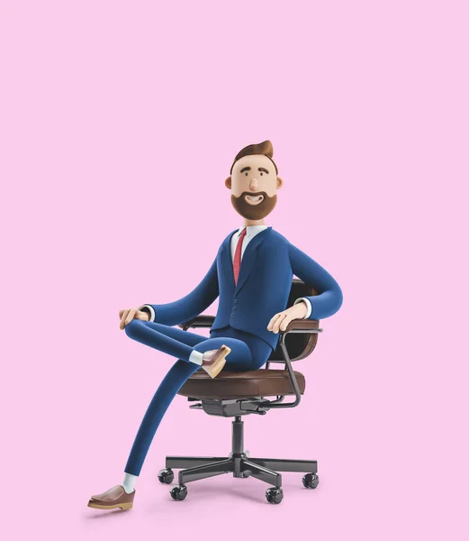 Retrato de um belo personagem de desenho animado na cadeira de escritório. ilustração 3d no fundo rosa — Fotografia de Stock