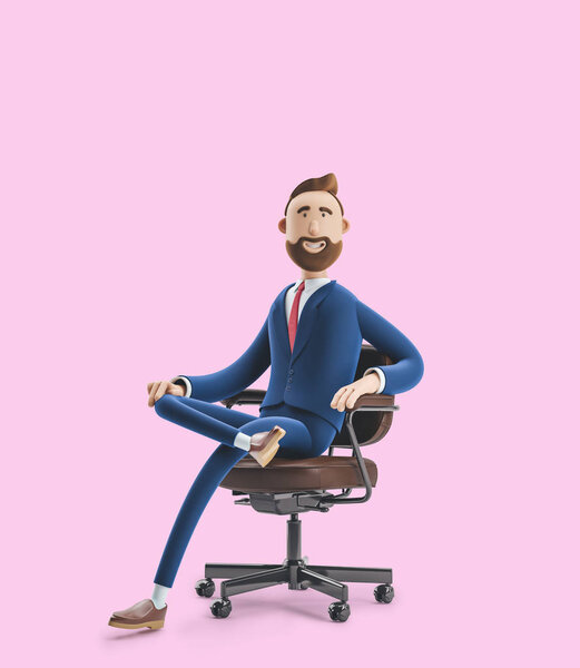 Portrait of a handsome cartoon character on office chair. 3d illustration on pink background