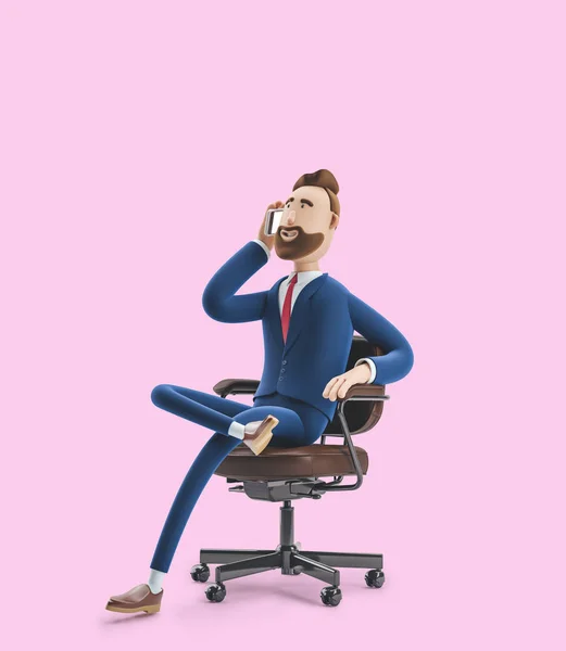 Portret przystojnego bohatera kreskówek siedzi na krześle biurowym i rozmawia przez telefon. ilustracja 3D na różowym tle — Zdjęcie stockowe