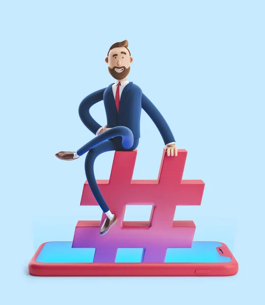 Le personnage de dessin animé Billy Billy assis sur une icône de hashtag. Le concept des médias sociaux. Illustration 3d sur fond bleu — Photo