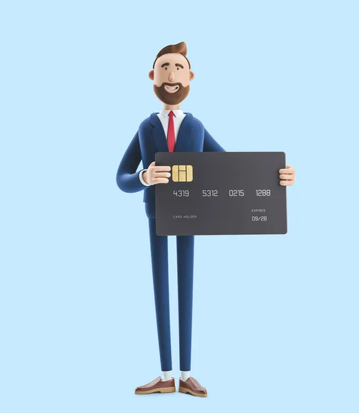 O empresário Billy com cartão de crédito preto. ilustração 3d no fundo azul — Fotografia de Stock