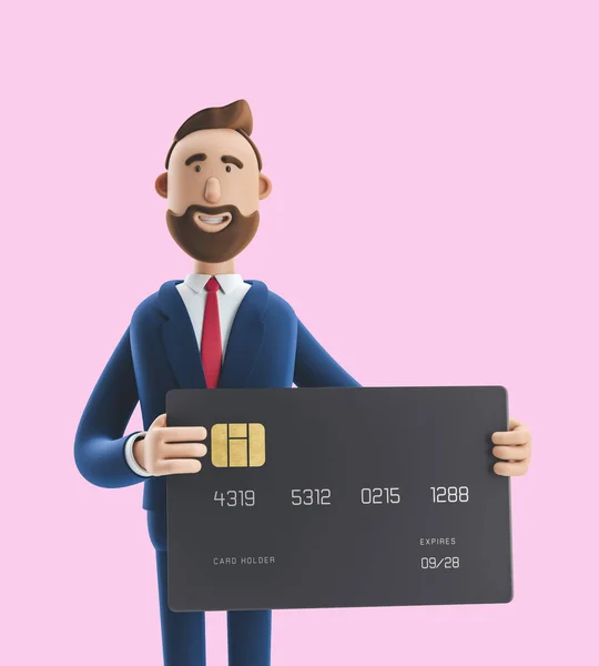 Businessman Billy with black credit card. 3d illustration on pink background