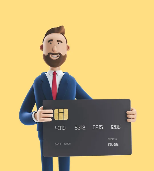 Businessman Billy with black credit card. 3d illustration on yellow background