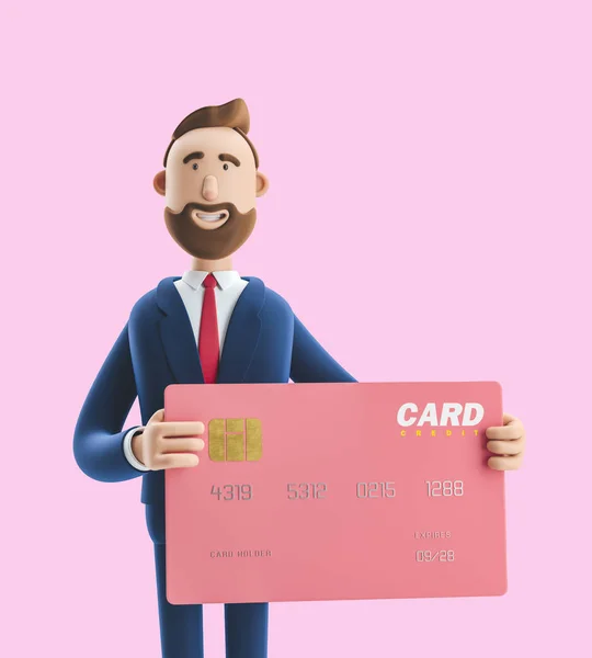 Biznesmen Billy z kolorową kartą kredytową. ilustracja 3D na różowym tle — Zdjęcie stockowe