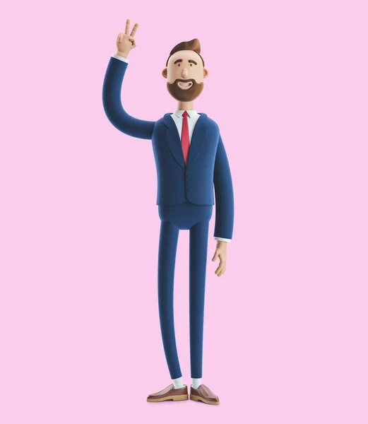 Portrait of a handsome cartoon character showing peace sign. 3d illustration on pink background