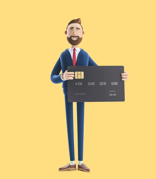 Businessman Billy with black credit card. 3d illustration on yellow background