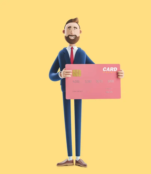 Businessman Billy with colored credit card. 3d illustration on yellow background