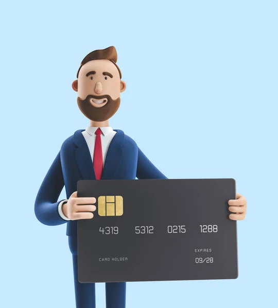 Businessman Billy with black credit card. 3d illustration on blue background