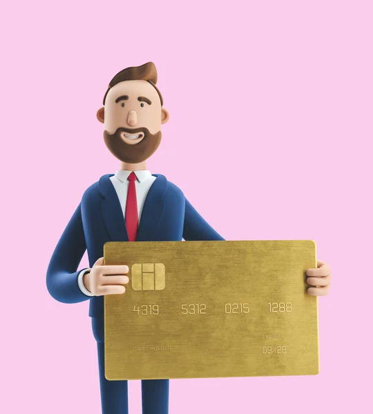 Businessman Billy with gold credit card. 3d illustration on yellow background
