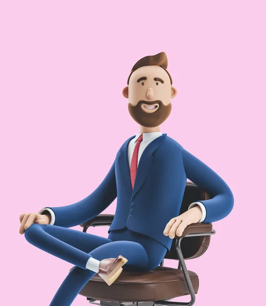 Portret van een knappe cartoon karakter op bureaustoel. 3D-illustratie op roze achtergrond — Stockfoto