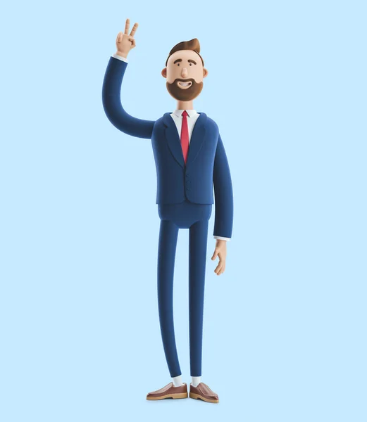 Retrato de un apuesto personaje de dibujos animados que muestra un signo de paz. Ilustración 3d sobre fondo azul —  Fotos de Stock