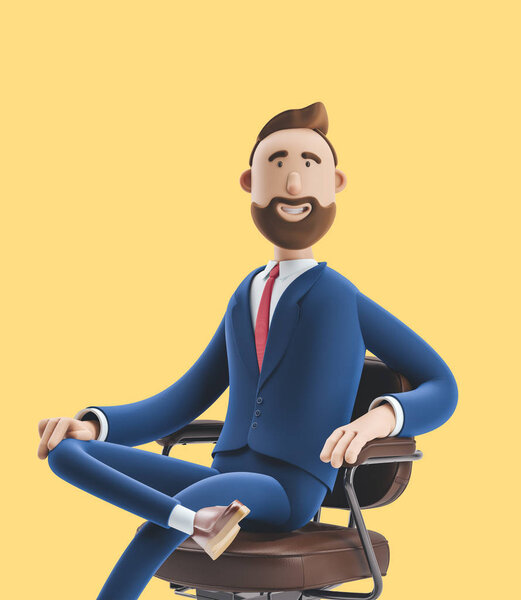 Portrait of a handsome cartoon character on office chair. 3d illustration on yellow background