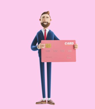 Renkli kredi kartı olan işadamı Billy. Pembe arka plan üzerinde 3d illüstrasyon