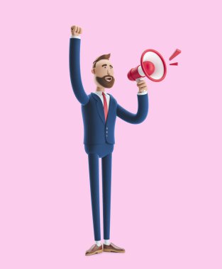 Çizgi film karakteri Billy hoparlörden bağırıyor. Pembe arka plan üzerinde 3d illüstrasyon