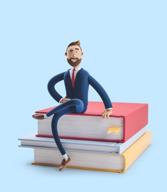 Cartoon character beard businessman Billy is sitting on a stack of books. The concept of business education. 3d illustration on blue background clipart