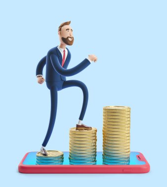 Çizgi film karakteri Billy başarıya gidiyor. Mavi arka plan üzerinde 3d illüstrasyon. Finansal büyüme kavramı. Akıllı telefonda para, bozuk para tutma