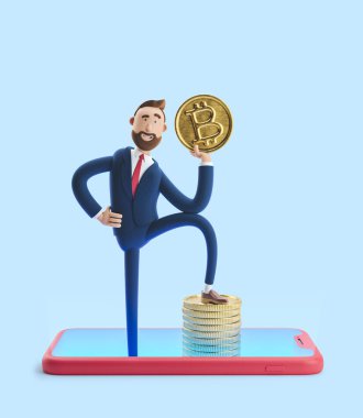 Bitcoin ile çizgi film karakteri Billy. Mobil bankacılık konsepti. Online Banka. Kripto para birimi. Mavi arka plan üzerinde 3d illüstrasyon