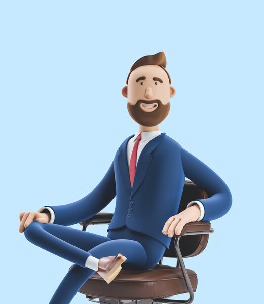 Portrait of a handsome cartoon character on office chair. 3d illustration on blue background