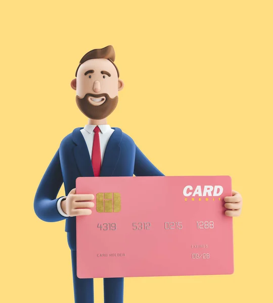 Businessman Billy with colored credit card. 3d illustration on yellow background