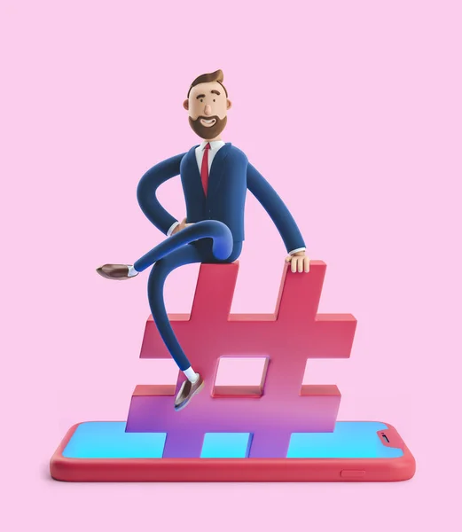 Le personnage de dessin animé Billy Billy assis sur une icône de hashtag. Le concept des médias sociaux. Illustration 3d sur fond rose — Photo