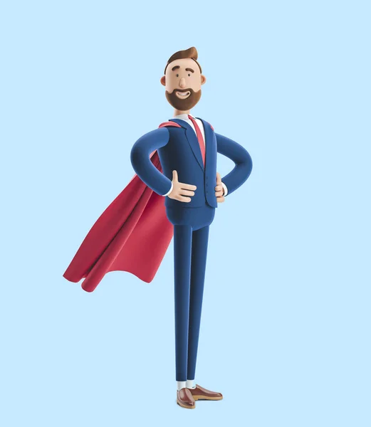 Cartoon character Billy clothed like a superhero. 3d illustration on blue background