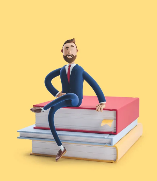 Cartoon character beard businessman Billy is sitting on a stack of books. The concept of business education. 3d illustration on yellow background