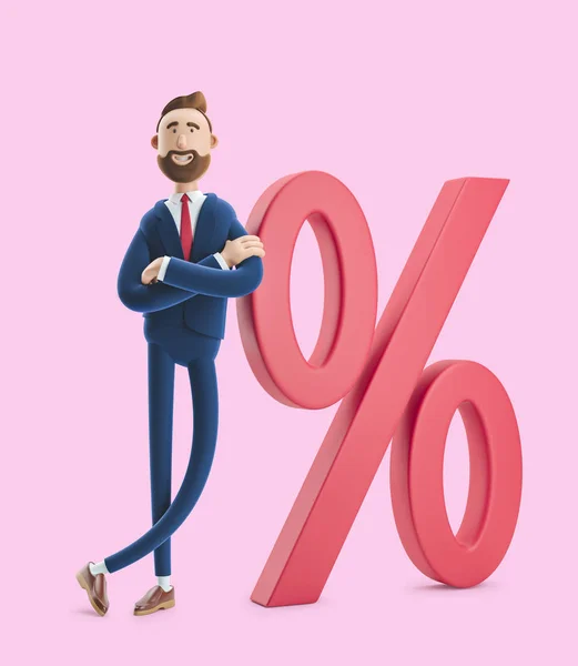 Cartoon karakter Billy en groot percentage pictogram. Concept zakelijke rentevoet. 3D-illustratie op roze achtergrond — Stockfoto