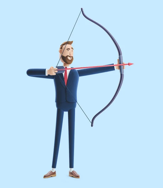 Мультфільм характер бізнесмен Біллі спрямований з цибулею і стрілою. 3D ілюстрація на синьому фоні — стокове фото