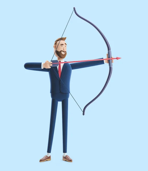 Cartoon character businessman Billy aiming with bow and arrow. 3d illustration on blue background