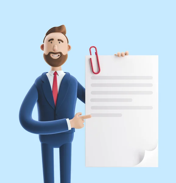 Handsome cartoon character Billy holds a completed document. 3d illustration on blue background