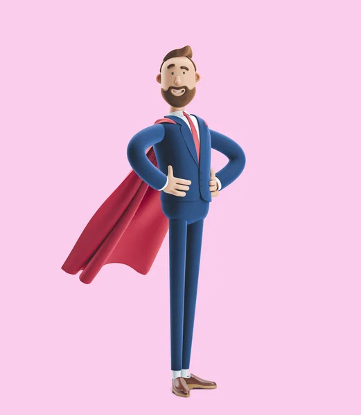 Cartoon personage Billy gekleed als een superheld. 3D-illustratie op roze achtergrond — Stockfoto