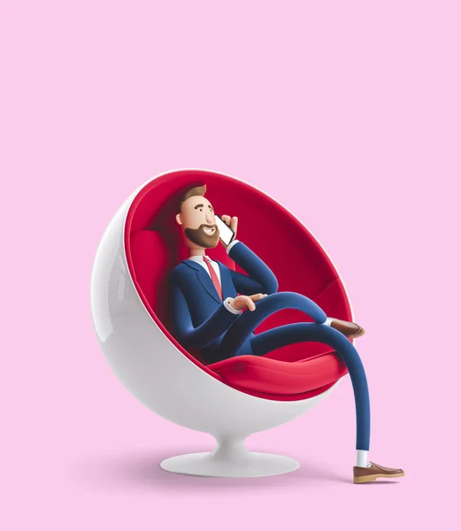 Beau personnage de dessin animé Billy assis sur une chaise d'oeuf avec téléphone. Illustration 3d sur fond rose — Photo