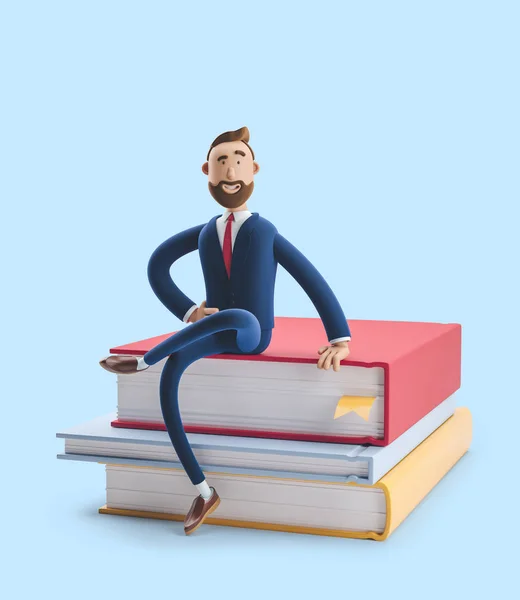 Cartoon character beard businessman Billy is sitting on a stack of books. The concept of business education. 3d illustration on blue background — Stock Photo, Image