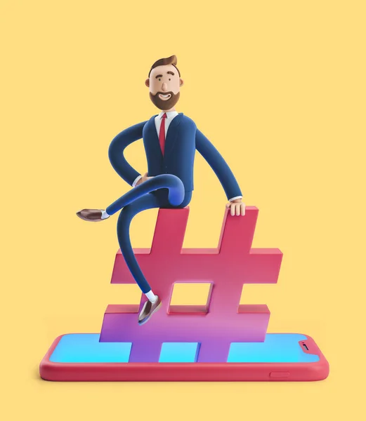 Le personnage de dessin animé Billy Billy assis sur une icône de hashtag. Le concept des médias sociaux. Illustration 3d sur fond jaune — Photo