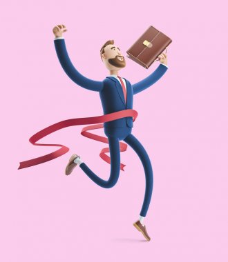Çizgi film karakteri Billy yarışmayı kazanıyor. Başarılı bir iş adamı. Pembe arka plan üzerinde 3d illüstrasyon