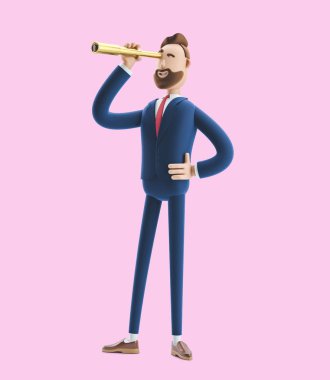 İşadamı Billy spyglass ile geleceğe bakıyor. Pembe arka plan üzerinde 3d illüstrasyon
