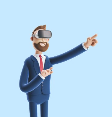 Businessman Billy using virtual reality glasses and touching vr interface. 3d illustration on blue background clipart