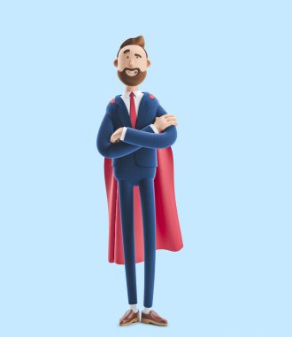 Cartoon character Billy clothed like a superhero. 3d illustration on blue background clipart
