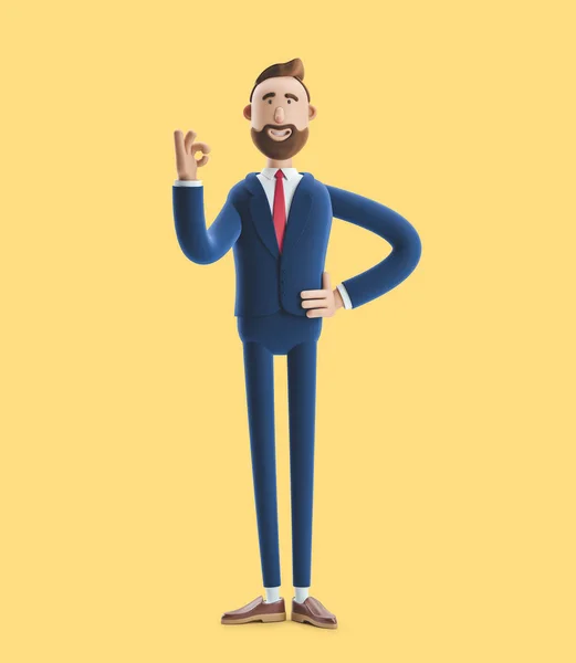 Cartoon charakter biznesmen Billy pokazuje okay lub OK gest. ilustracja 3D na żółtym tle — Zdjęcie stockowe
