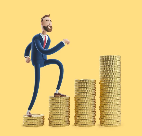 Portret przystojnego bohatera kreskówki Billy ze stosu pieniędzy. ilustracja 3D na żółtym tle — Zdjęcie stockowe