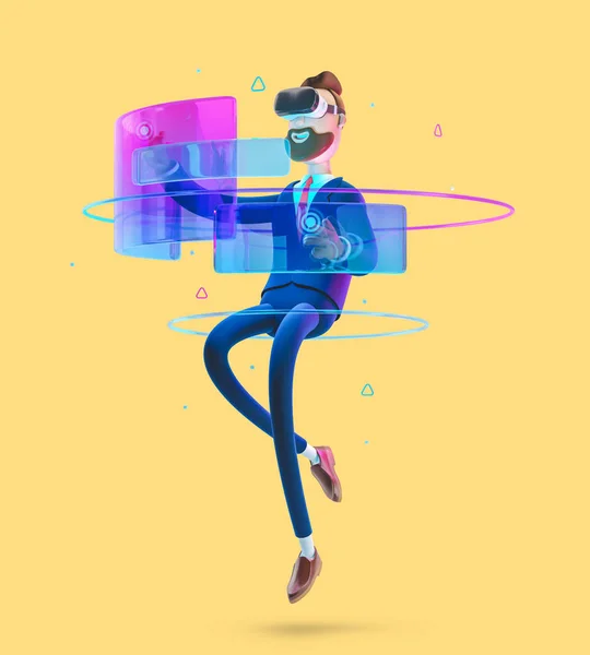 Businessman Billy using virtual reality glasses and touching vr interface. 3d illustration on yellow background