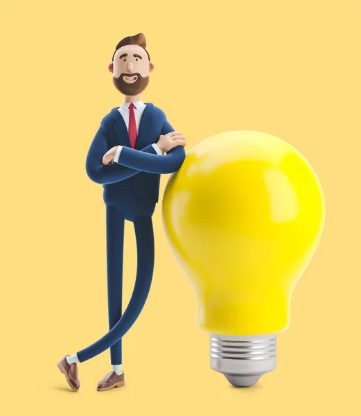 Businessman Billy with yellow bulb. Innovation and inspiration concept. 3d illustration on yellow background