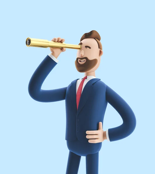 Affärsman Billy ser i framtiden med Spyglass. 3D-illustration på blå bakgrund — Stockfoto