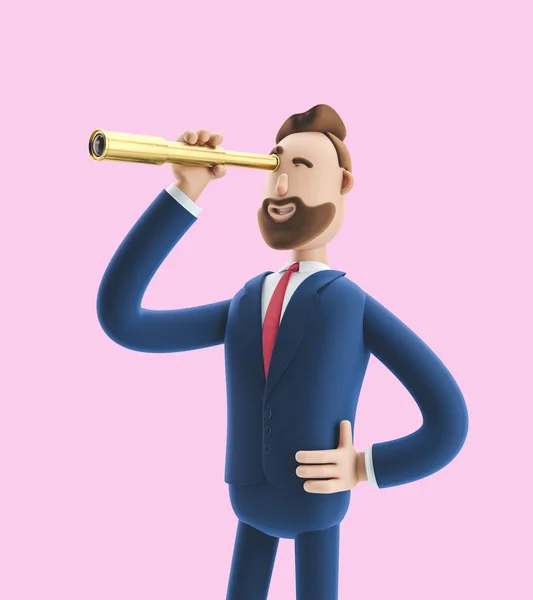 Zakenman Billy op zoek in de toekomst met Spyglass. 3D-illustratie op roze achtergrond — Stockfoto