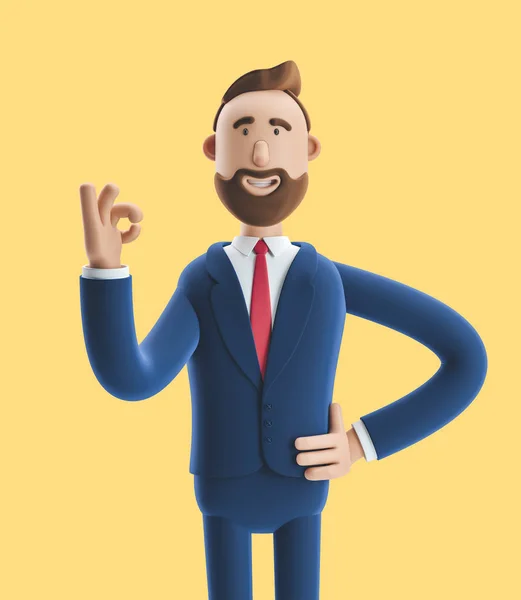 Cartoon character businessman Billy shows okay or OK gesture. 3d illustration on yellow background