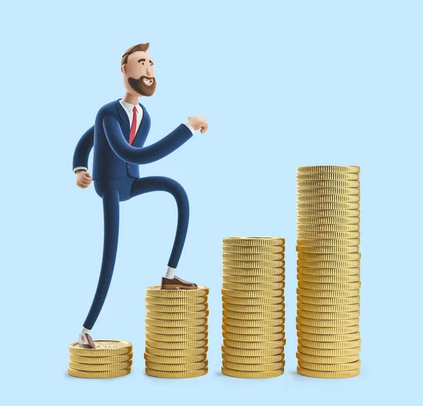 Ritratto di un bel personaggio dei cartoni animati Billy con una pila di soldi. Illustrazione 3d su sfondo blu — Foto Stock